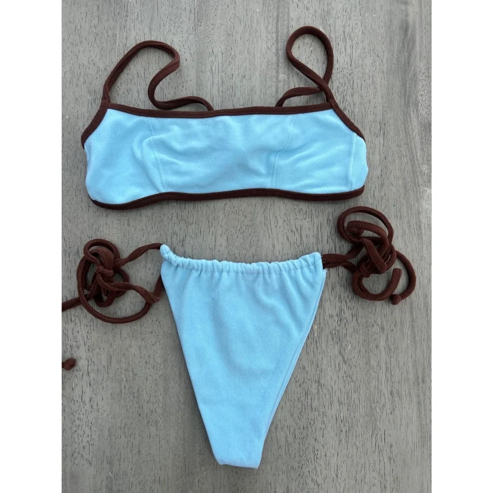 Frankies Bikinis Blue Terry Cloth Two Piece Set Brown Trim Top M Bottom L
